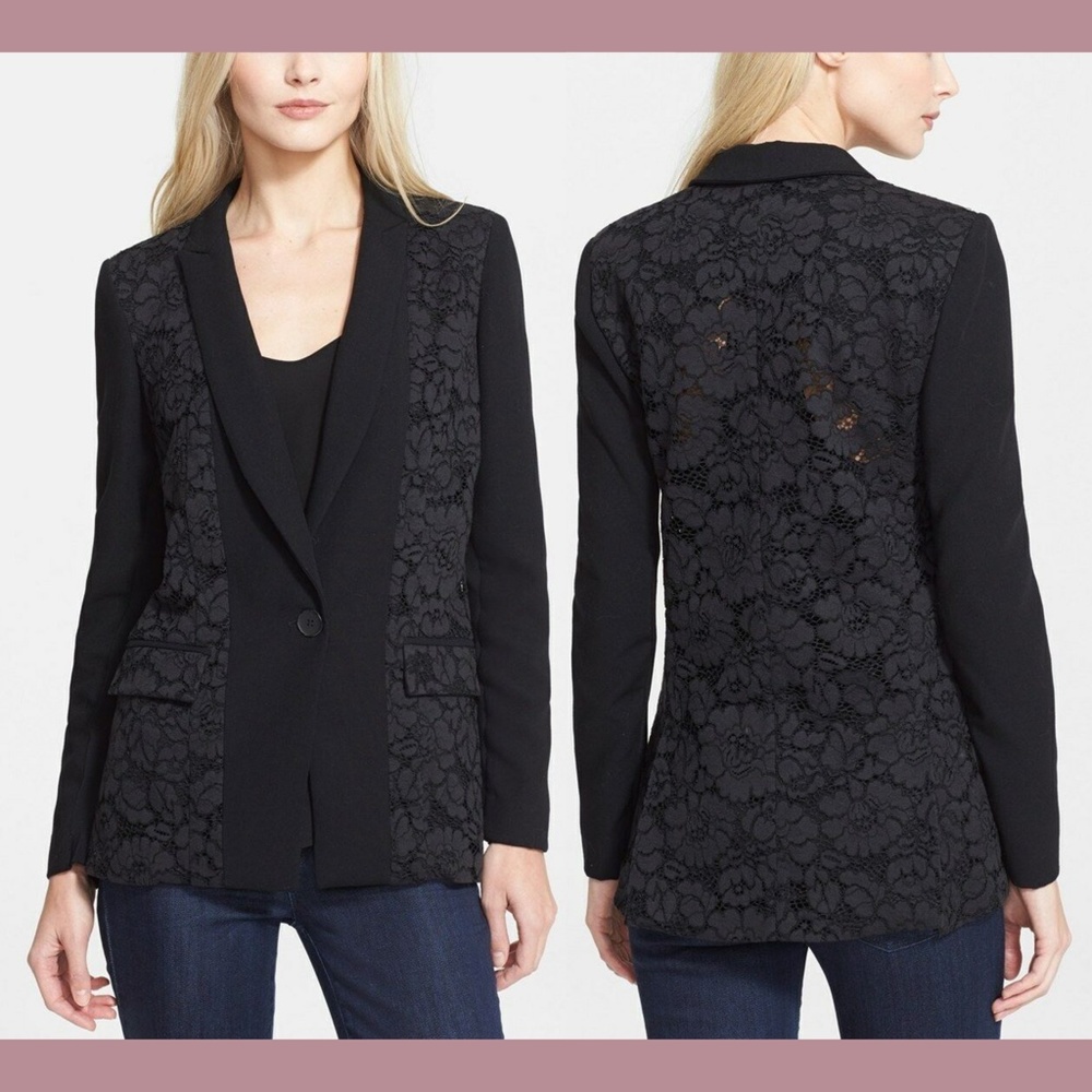 NWT‎ Rebecca Taylor [ 4 ] Corded Lace Panel Blazer Jacket in Black